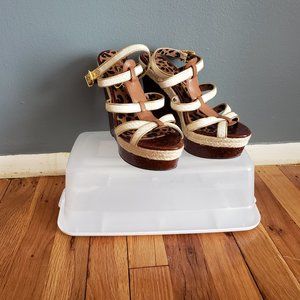 Cream & Tan Strappy Wedge